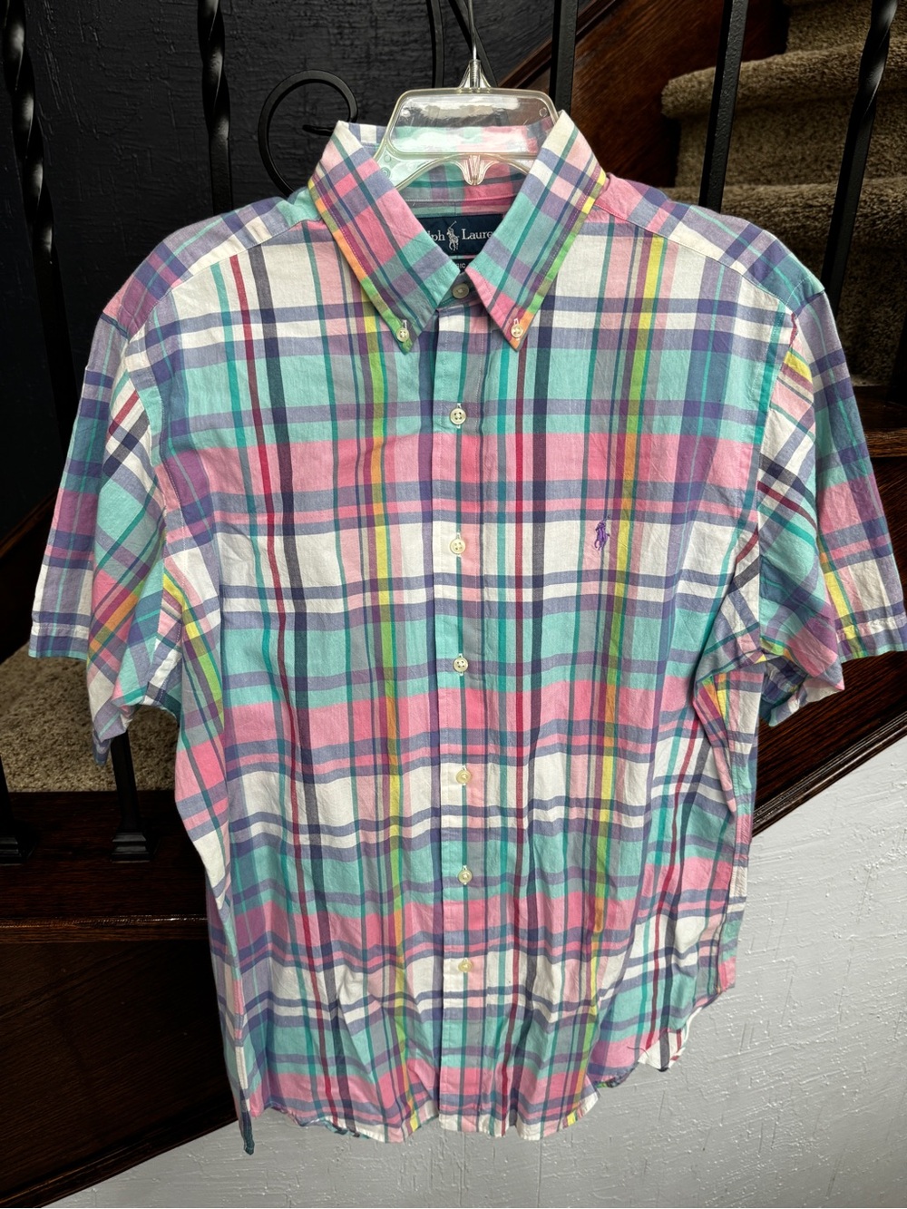 Large Ralph Lauren Men’s Short-Sleeve Plaid Button-Down Shirt - Pink & Teal